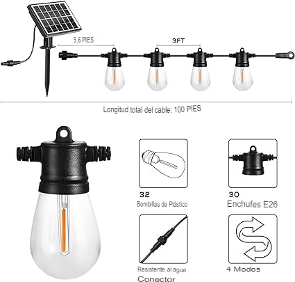 TIRA DE LUCES SOLARES 10 BOMBILLAS 10 METROS